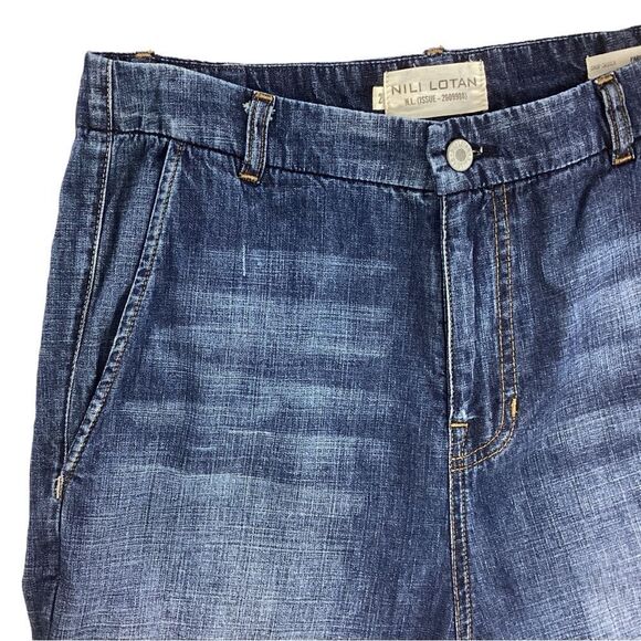 NILI LOTAN Size 25 Paris Crop Drop Crotch Jeans Tapered Leg Blue Denim Raw Edge - Picture 6 of 14